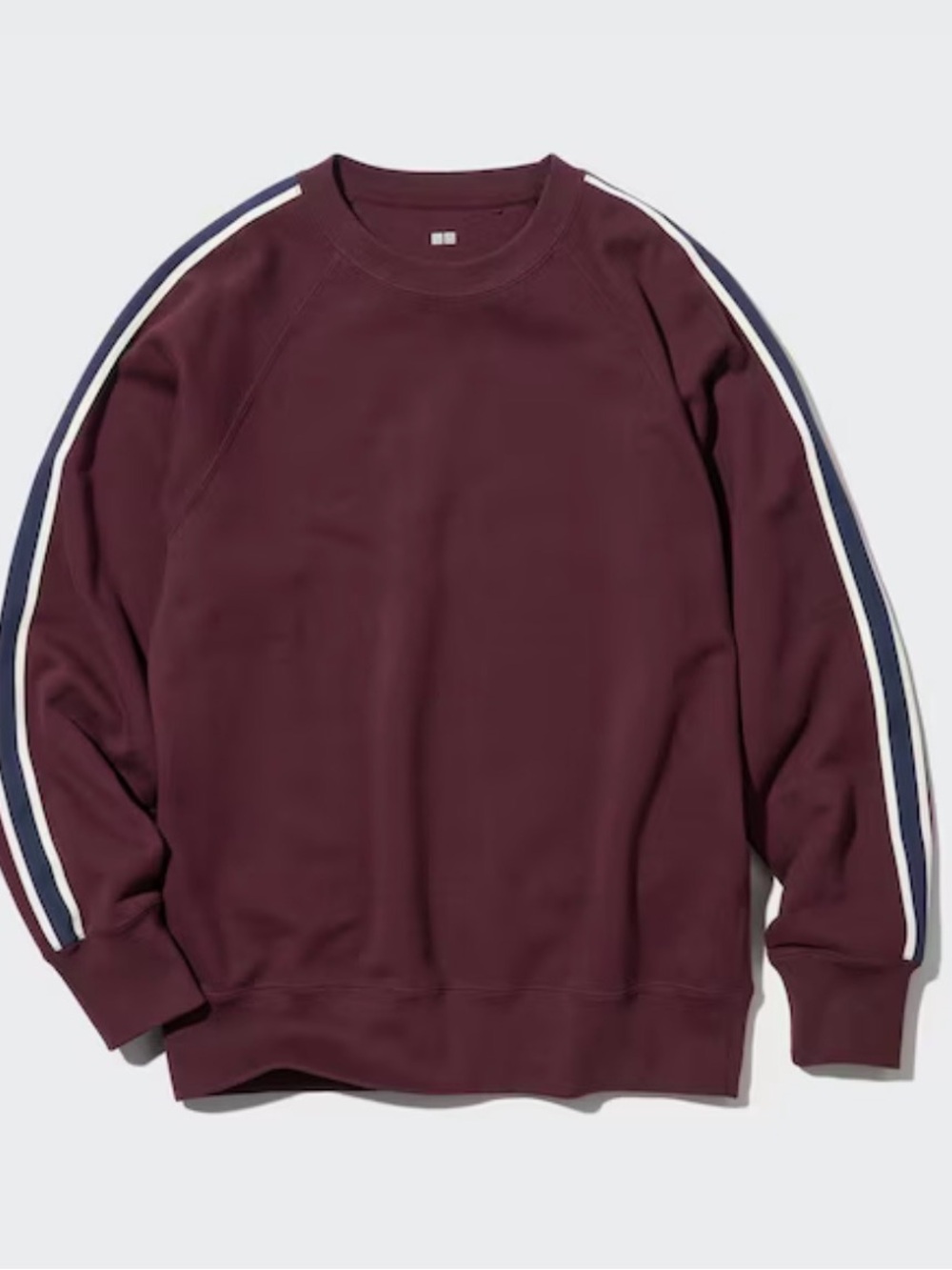 Uniqlo Men's Wine Crewneck Sweatshirt with Navy & White Sleeve Stripes, Size S